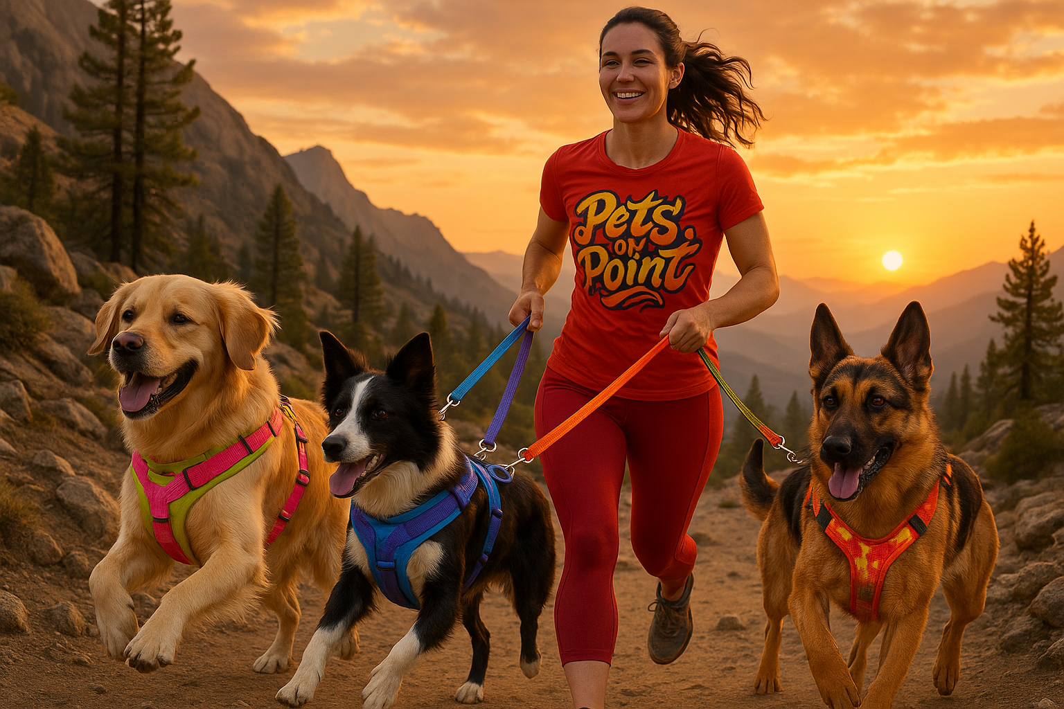 More realistic with better crazy logo font and dogs with vibrant camo harnesses with leashes